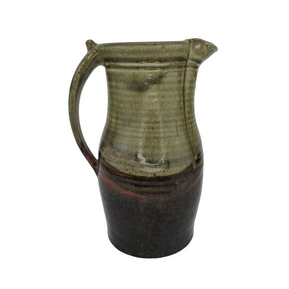 Vintage Pottery Pitcher Vessel Glaze Brown Olive Green Black Coffee Tea Handmade - Picture 3 of 8